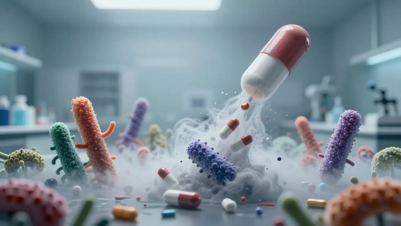 Konceptuální zobrazení ničení střevních bakterií antibiotiky v laboratoři