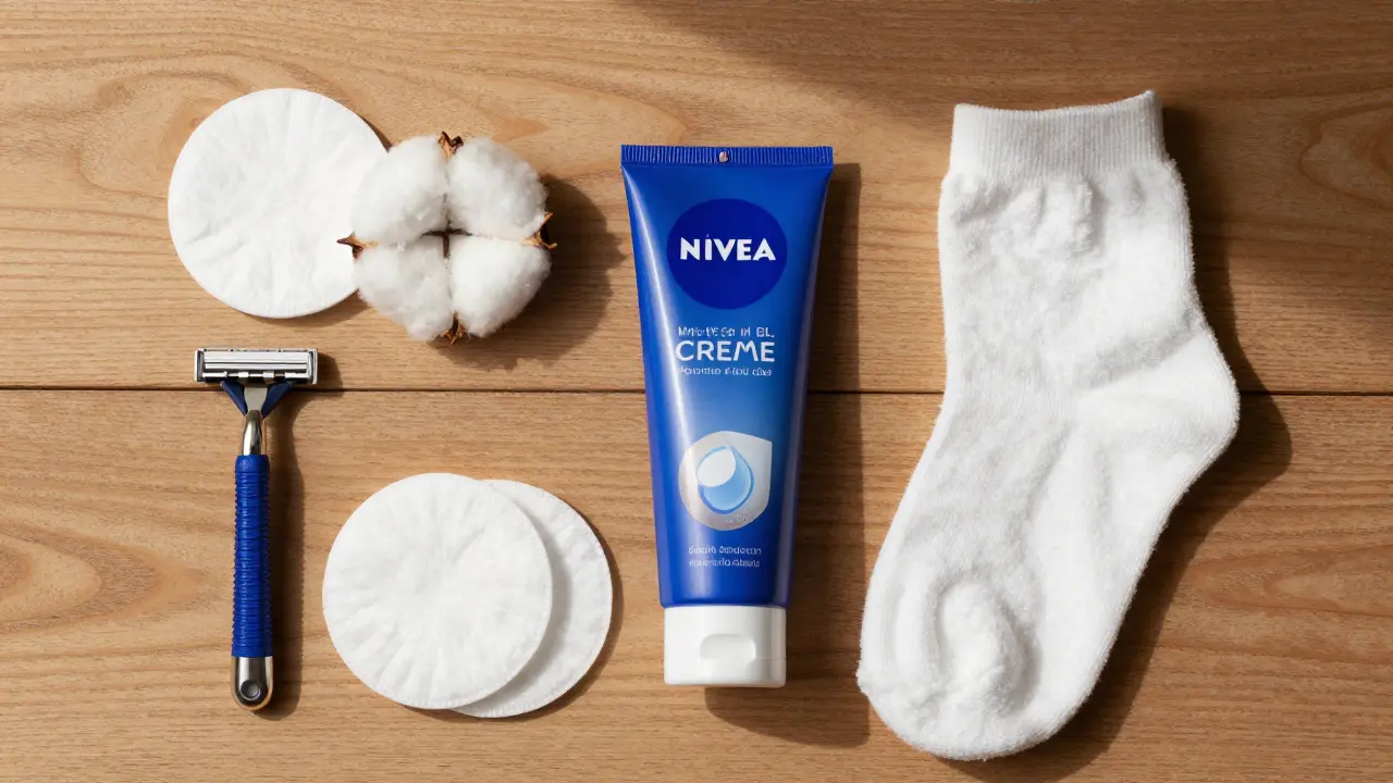 Nivea Creme vedle bavlněných ponožek a vaty pro různé použití