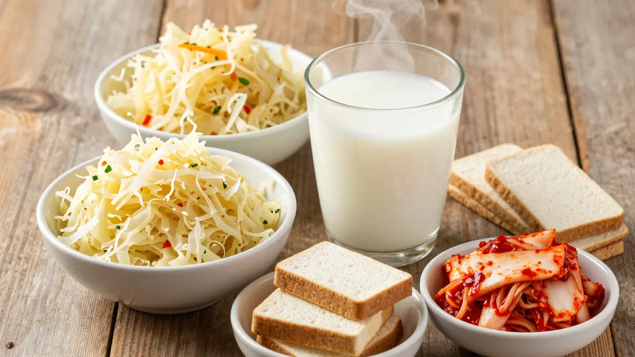 Přírodní zdroje probiotik: zelí, kefír, tempeh a kimchi na stole