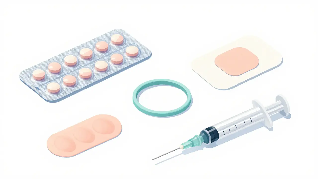 Různé hormonální metody antikoncepce na bílém pozadí