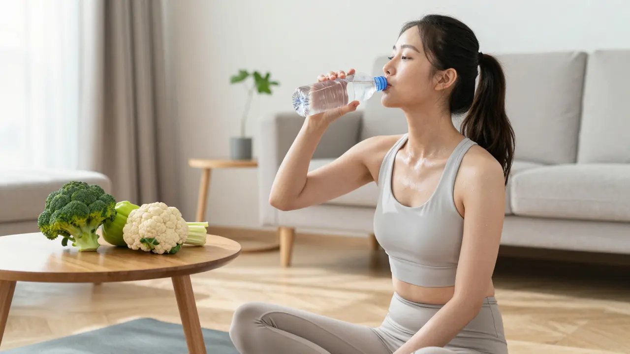 Žena pijící vodu na józe obklopená čerstvou zeleninou pro detoxikaci.