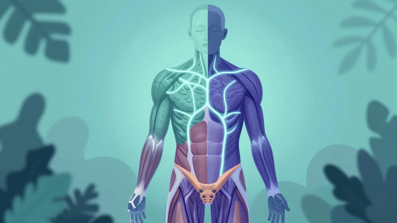 Abstraktní ilustrace spojení klidné mysli a silného pánevního dna