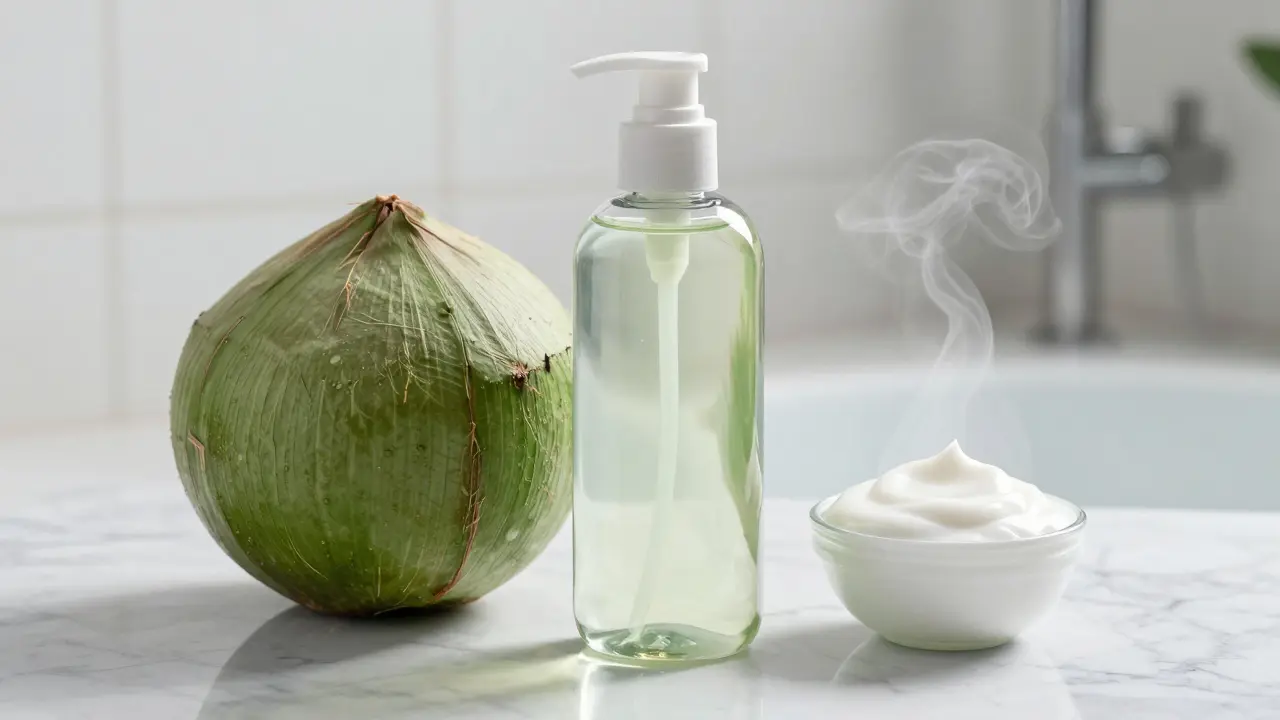 Bez sulfátů šampon a přírodní ingredience na mramorovém povrchu