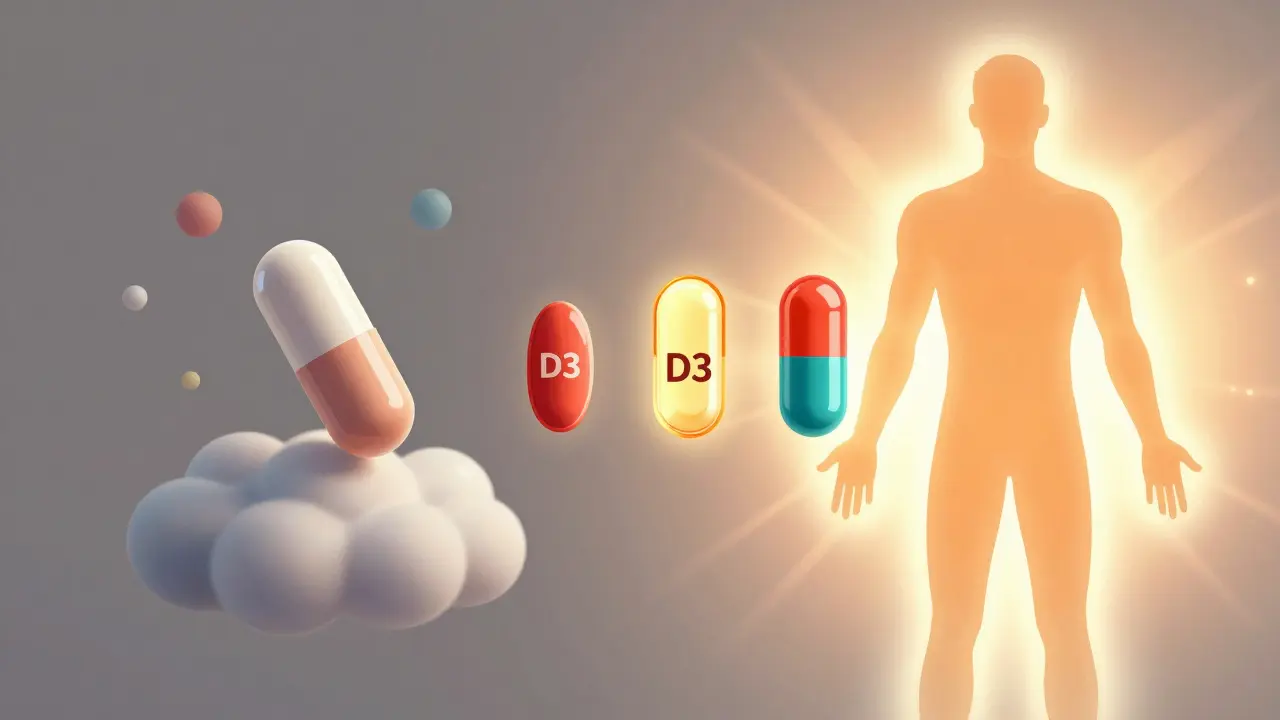 Ilustrace srovnávající cílené vitamíny s multivitamíny a lidskou energií