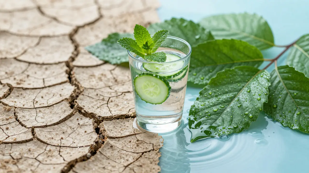 Koncept hydratace pleti: suchá zem proti svěžím listům a vodě