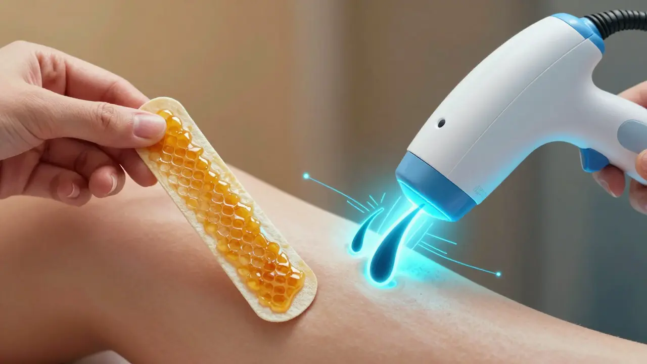 Konceptuální porovnání voskování a laserové depilace