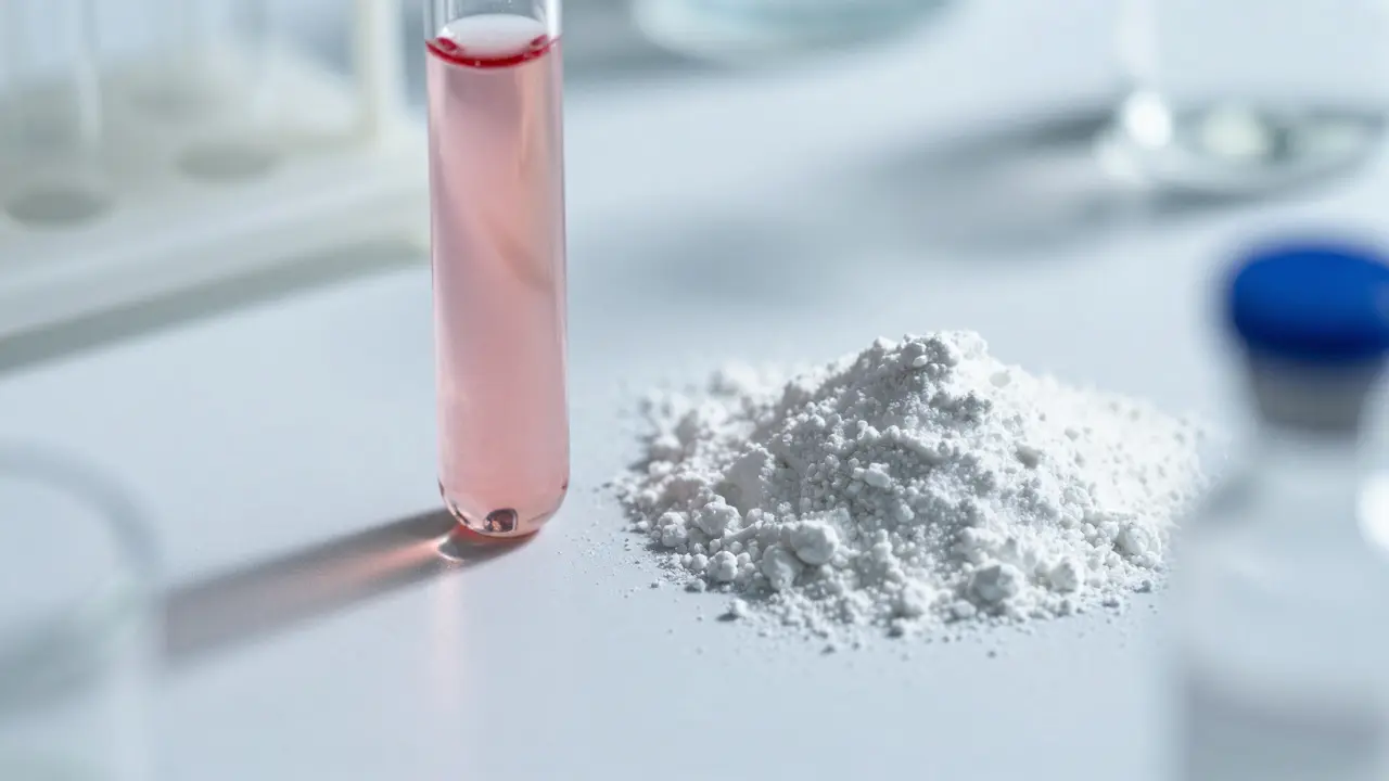 Laboratorní zkumavka a prášek vitamínu C ukazující interference