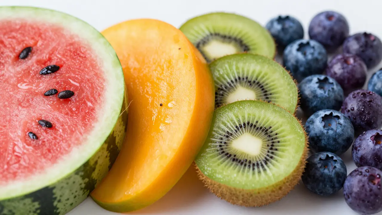 Řezané plody různých barev ukazující vitamíny a antioxidanty
