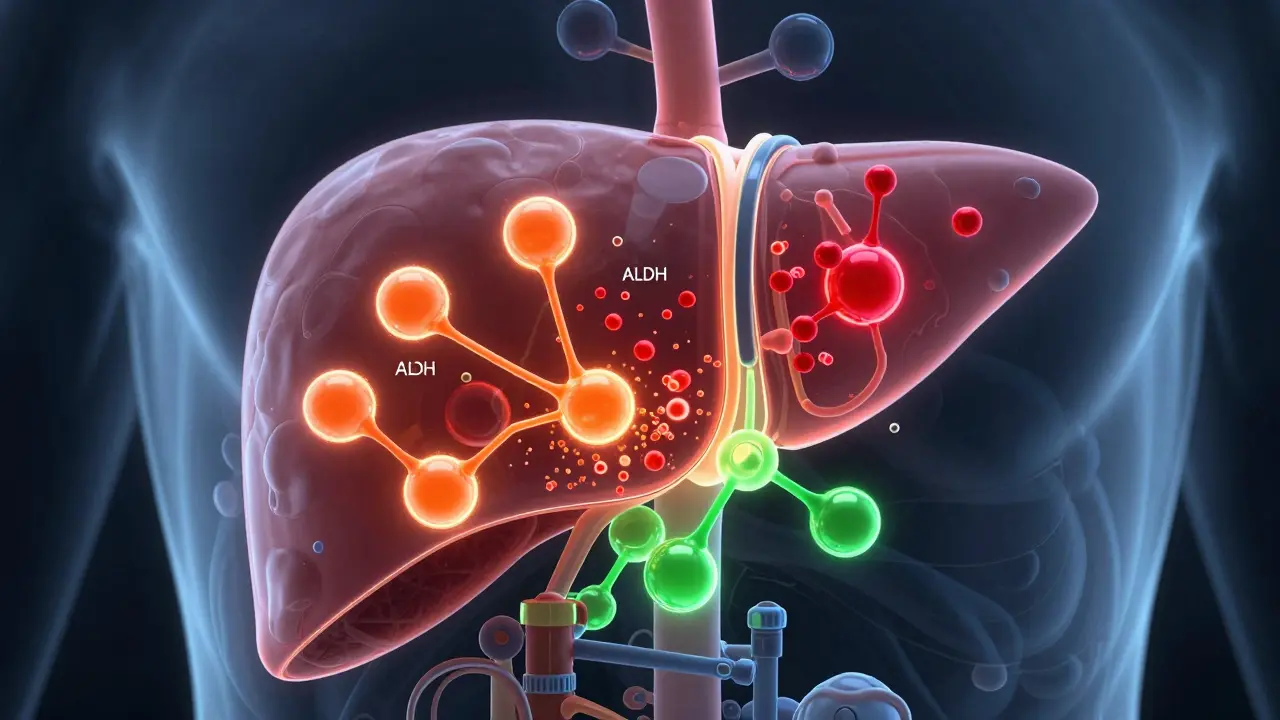 Umělecká vizualizace metabolismu alkoholu v játrech