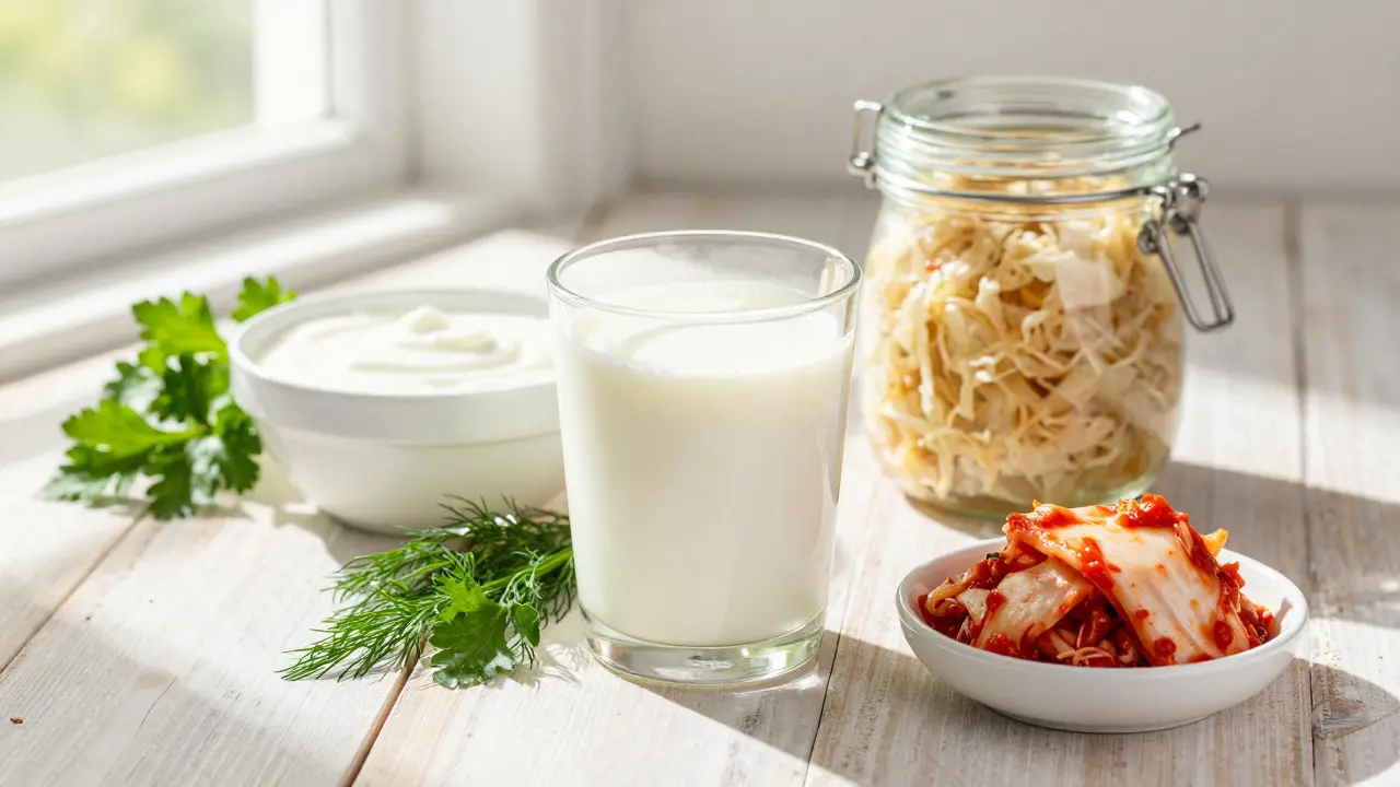 Zdravá jídla s probiotiky: kefír, jogurt, zelí a kimchi na stole