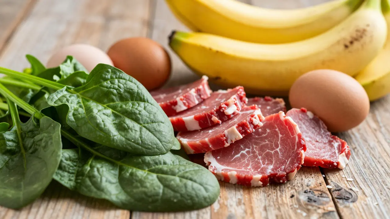 Čerstvé potraviny bohaté na vitamíny B a železo na dřevěném stole
