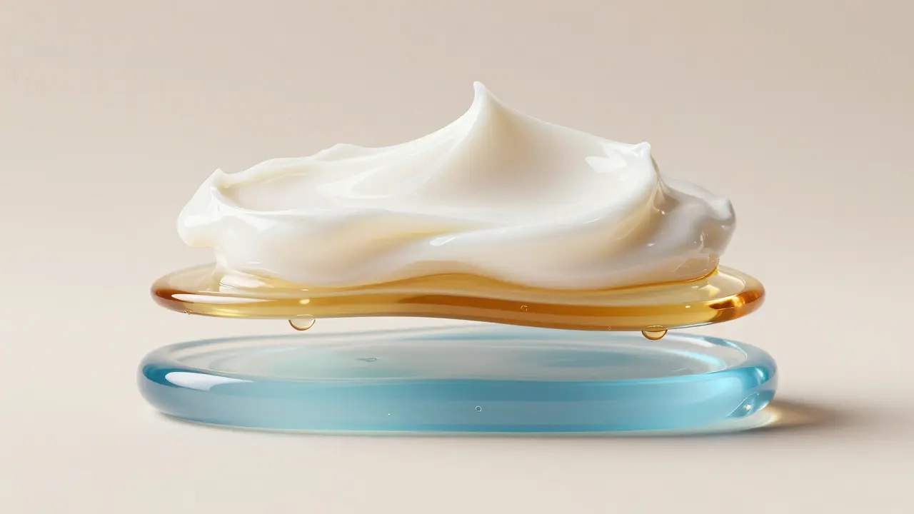 Ilustrace vrstvení pleťové péče: hydratace, retinol a krém