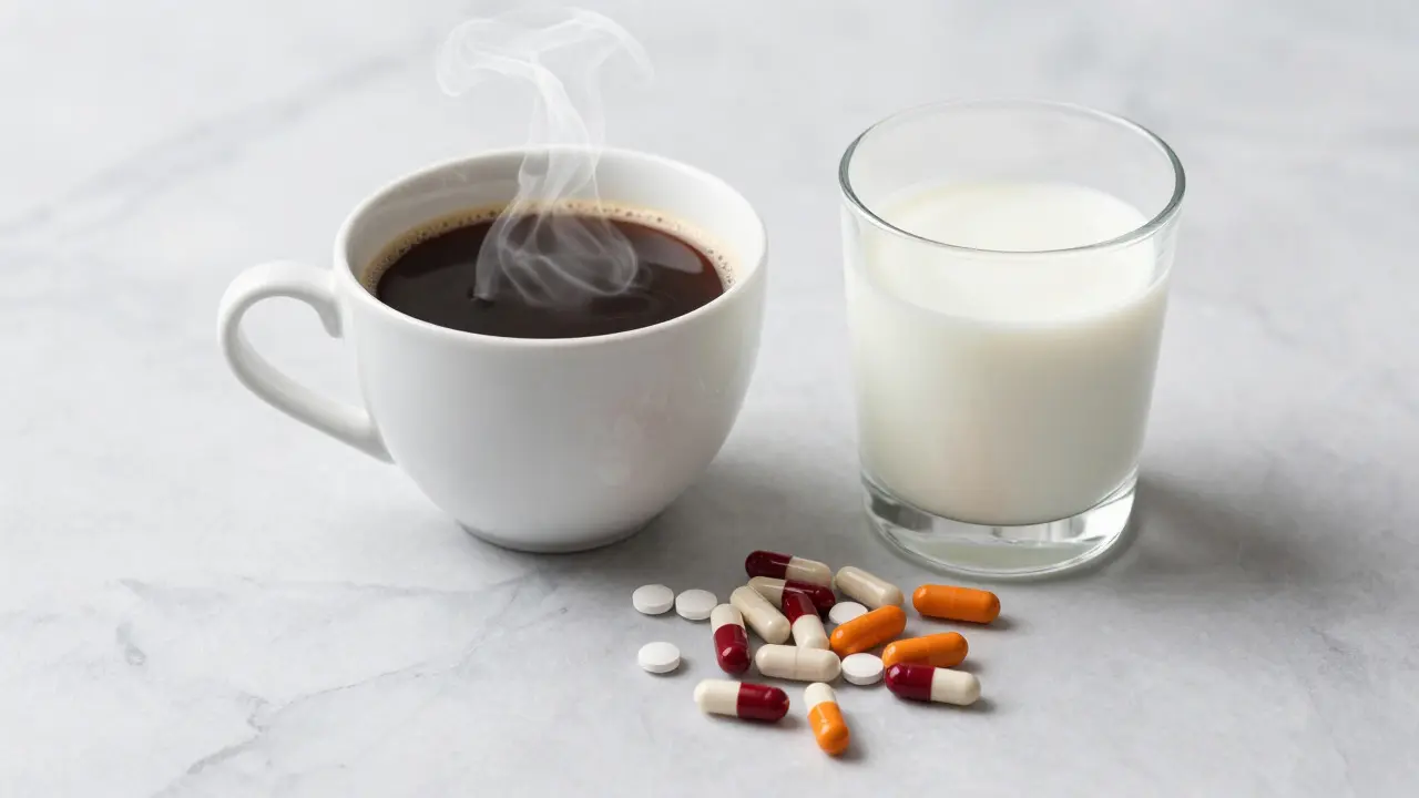 Káva a mléko vedle vitamínů ilustrují ovlivnění vstřebávání