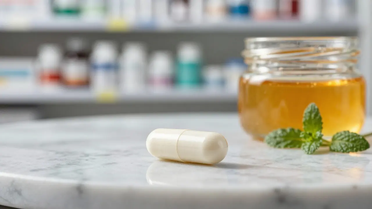 Probiotická kapsle na mramoru vedle přírodních ingrediencí
