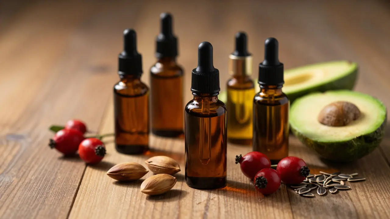 Tmavé lahvičky s pleťovými oleji a přírodními ingrediencemi