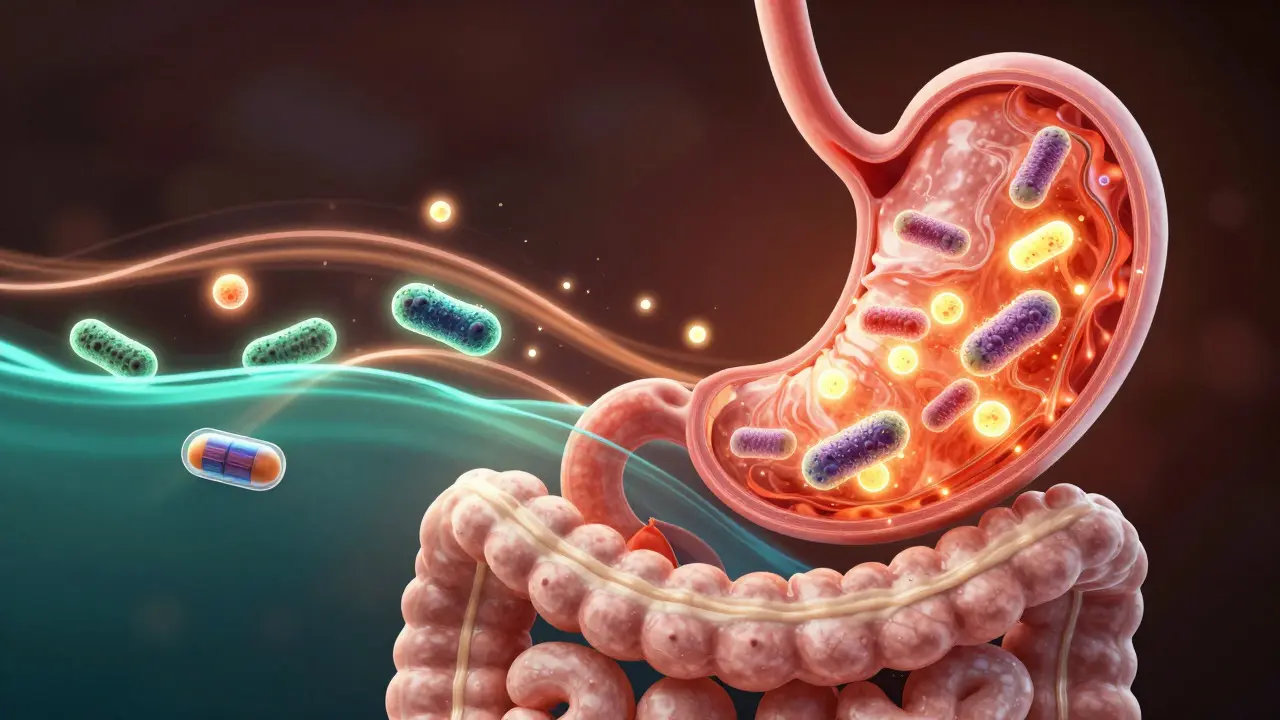 Umělecká vizualizace přežití probiotik v žaludku
