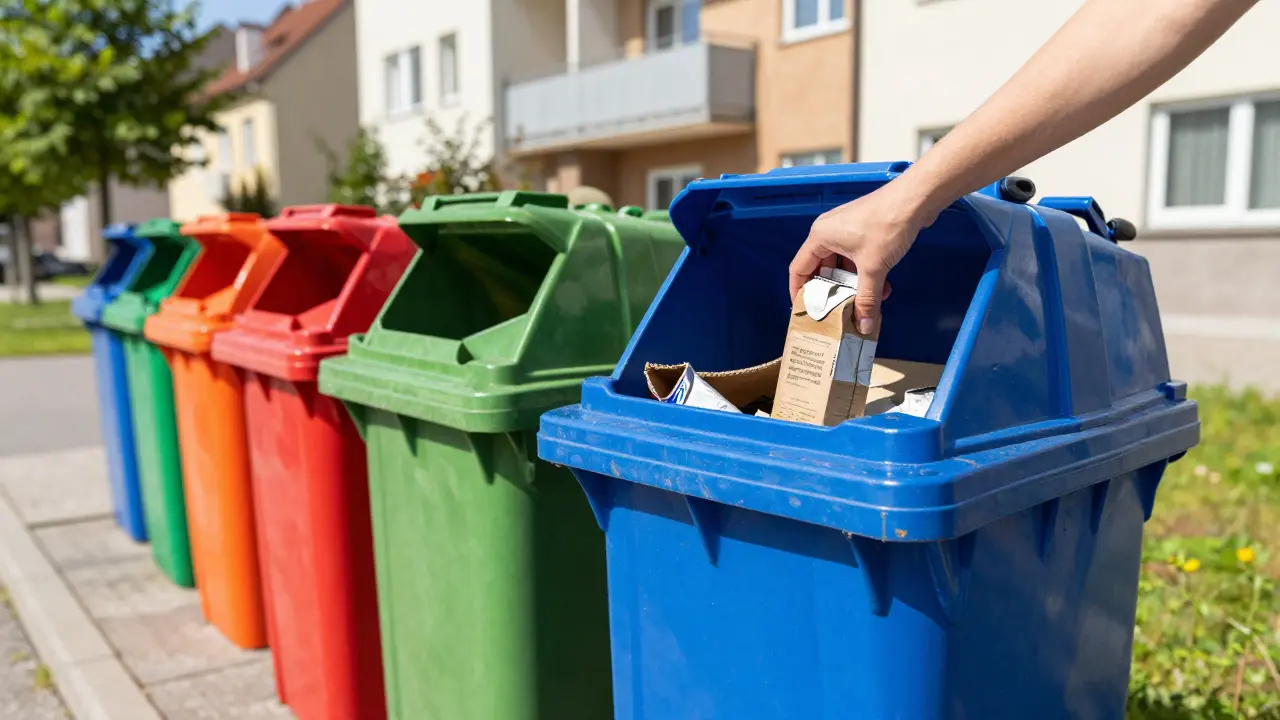 Vložení rozloženého kartonu do modrého kontejneru na papír