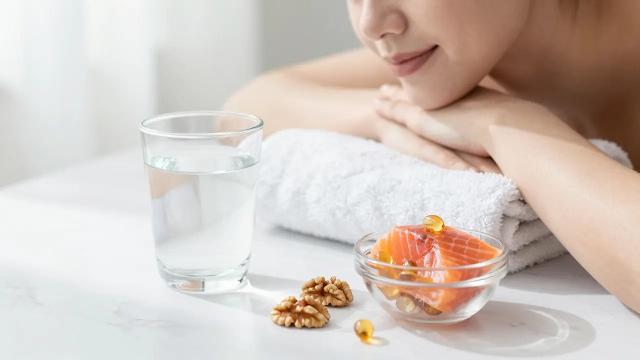 Žena s čistou pletí, sklenice vody a omega-3 potraviny