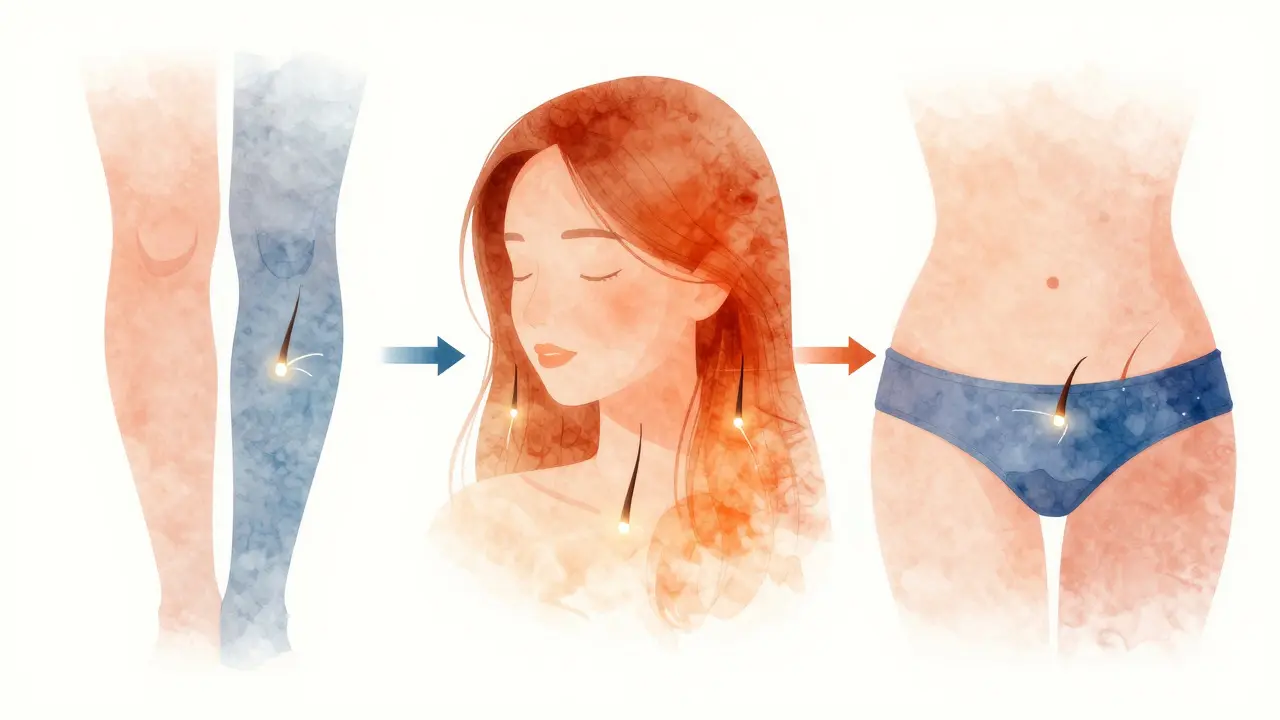 Abstraktní ilustrace cyklu růstu chloupků na různých částech těla