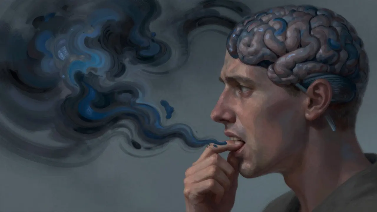 Abstraktní ilustrace hlavy ukazující stres vedoucí ke kousání nehtů