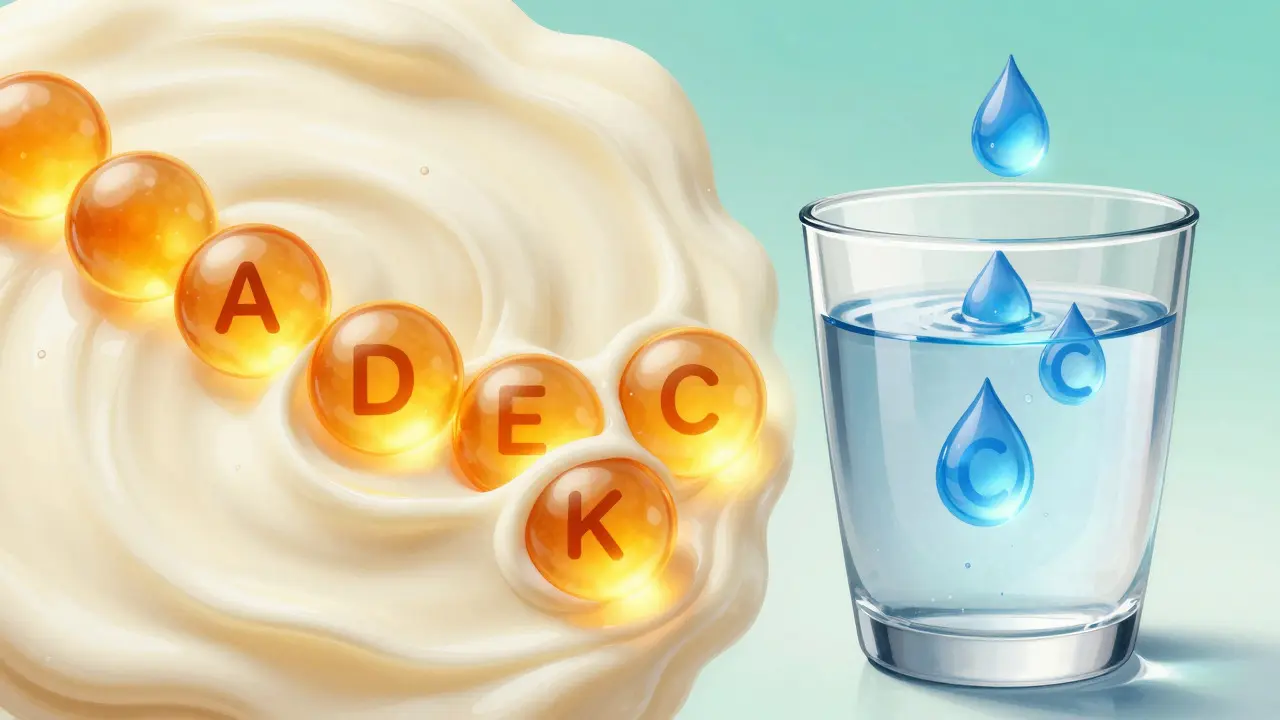 Abstraktní ilustrace rozdílů mezi vitamíny rozpustnými v tucích a ve vodě