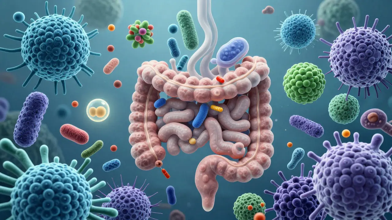 Abstraktní ilustrace střevního mikrobiomu s barevnými bakteriemi