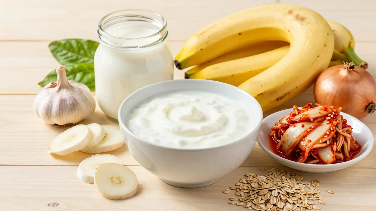Čerstvé fermentované potraviny jako kefír, jogurt a kimchi s prebiotickými složkami