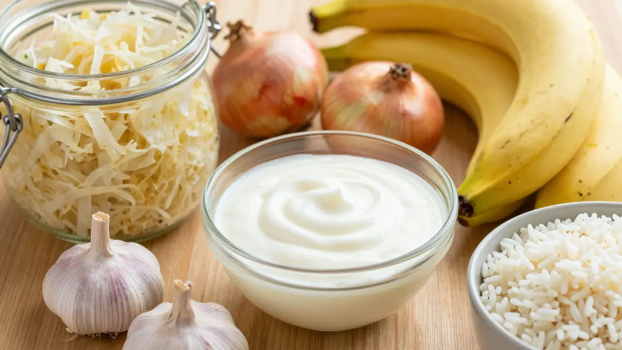 Fermentované potraviny a zdroje prebiotik na dřevěném stole