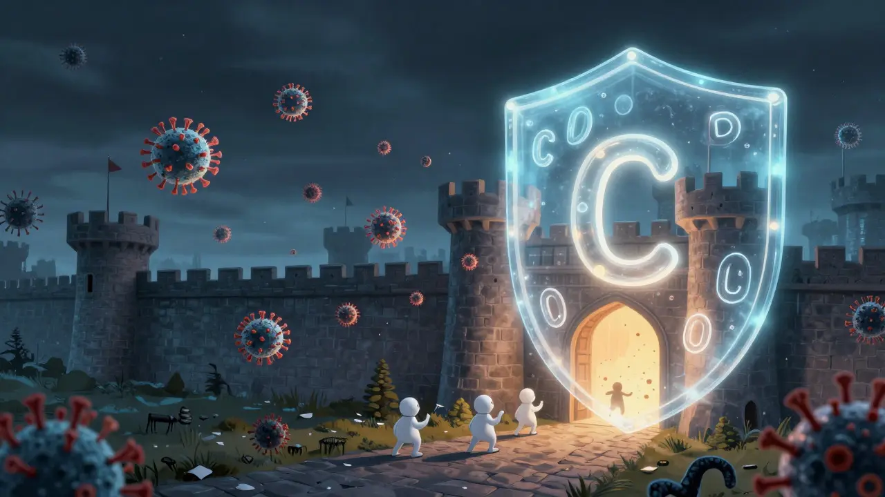 Ilustrace hradu chránícího se před virovými částicemi