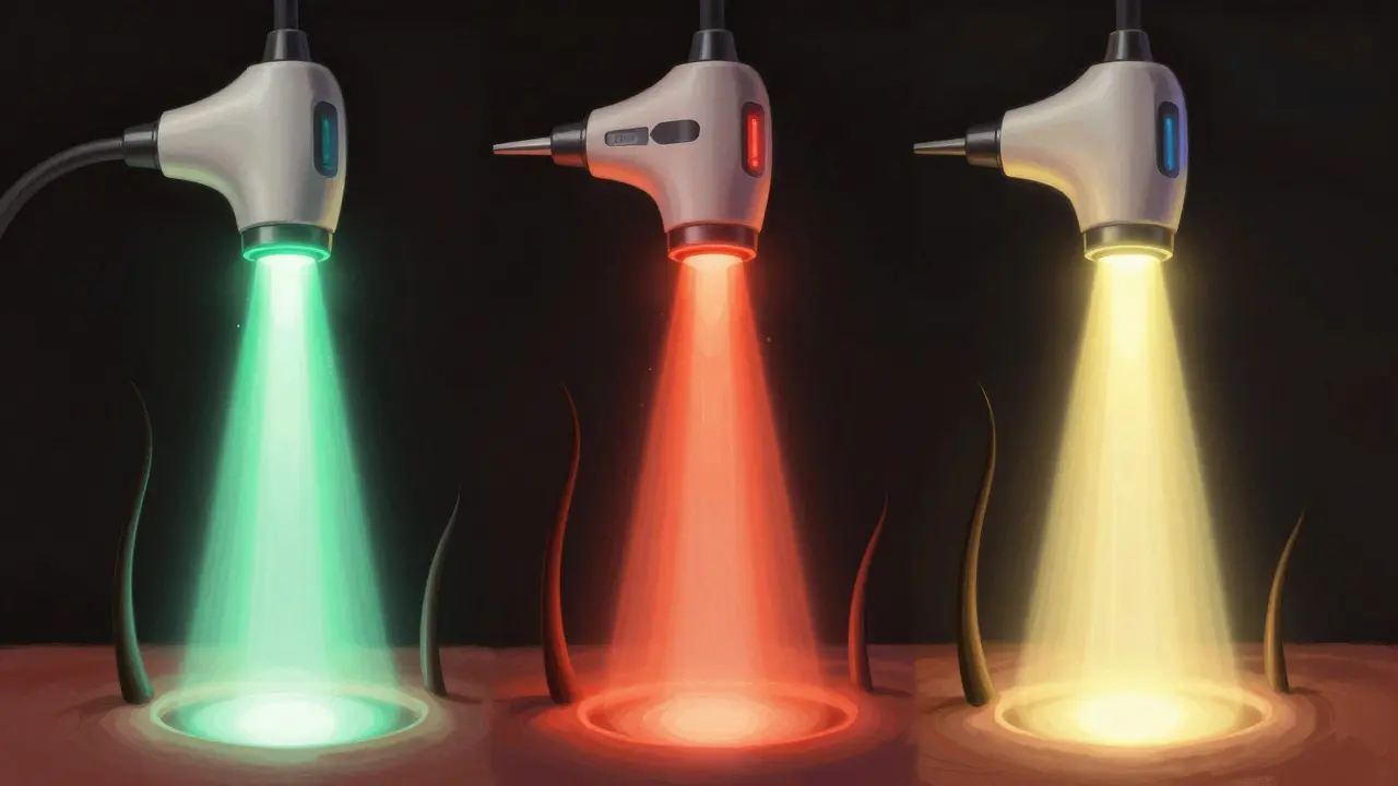 Konceptuální ilustrace tří typů laserových paprsků a folikulů