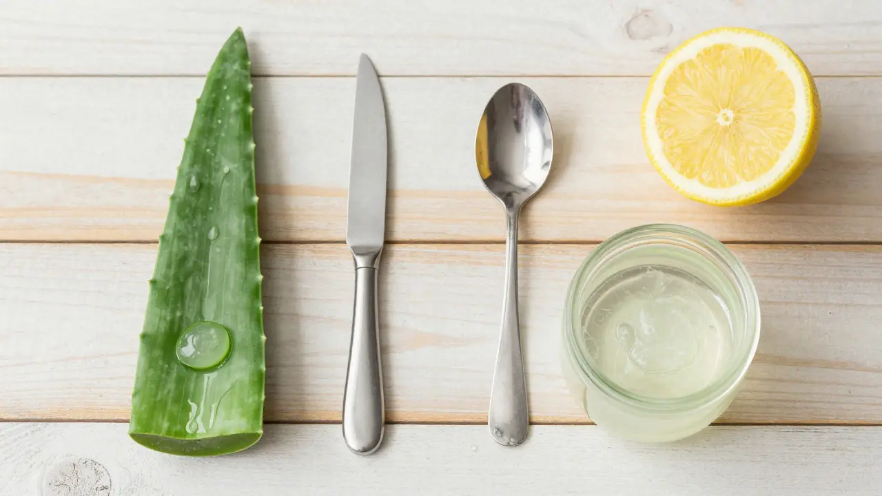 Oloupaný list aloe vera s průhledným gelem na dřevěném stole