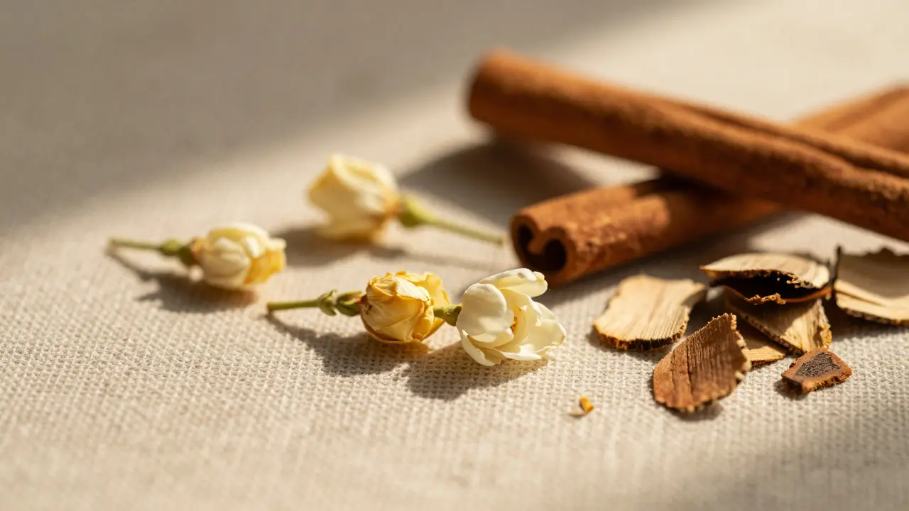 Přírodní ingredience jako jasmín a skořice pro vůně kosmetiky Rituals