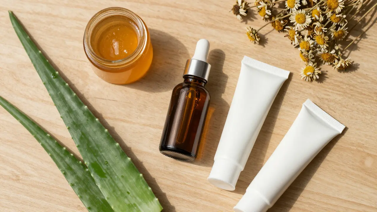 Přírodní prostředky jako med a aloe vera vedle léků na kůži