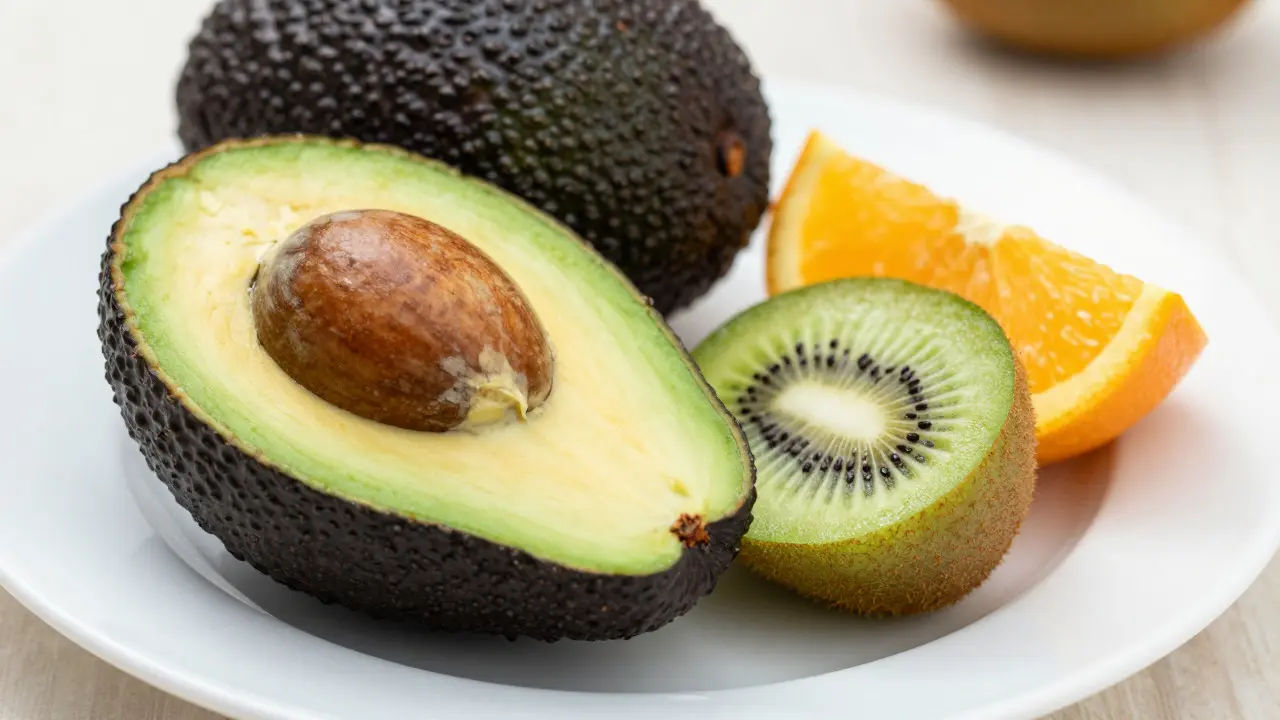 Půlka avokáda a plátky kiwi na talíři