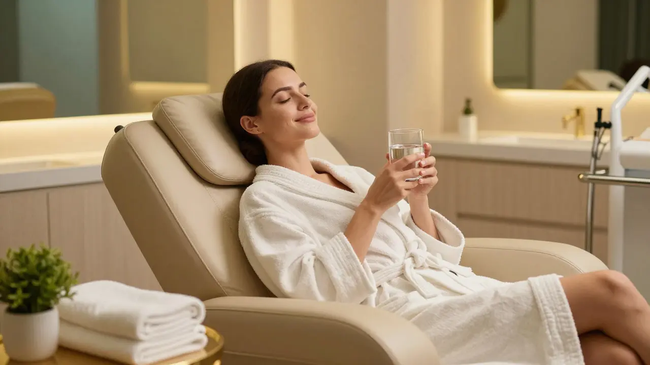 Relaxovaná žena v župě po proceduře v luxusním wellness prostoru