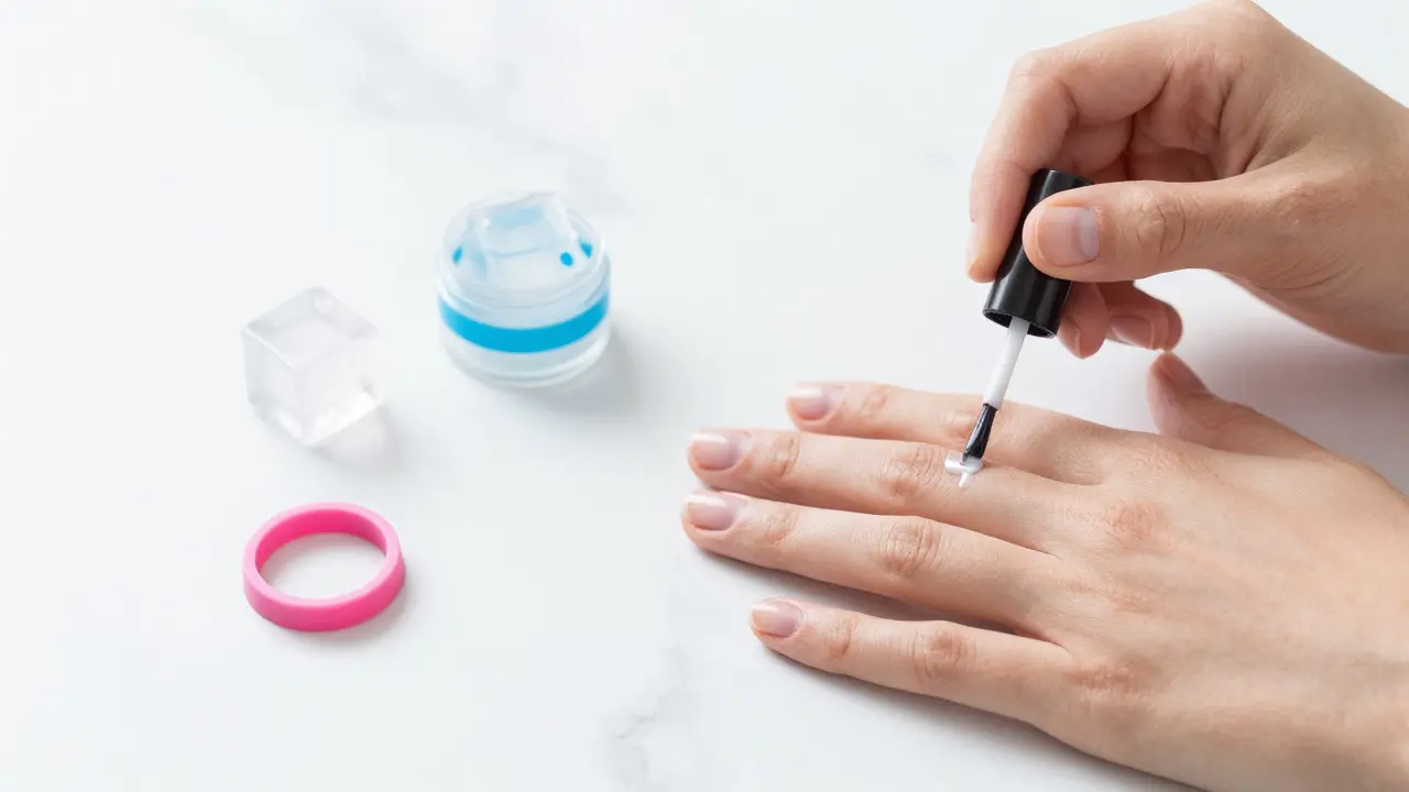 Ruce aplikující gelový lak na krátké nehty jako preventivní opatření