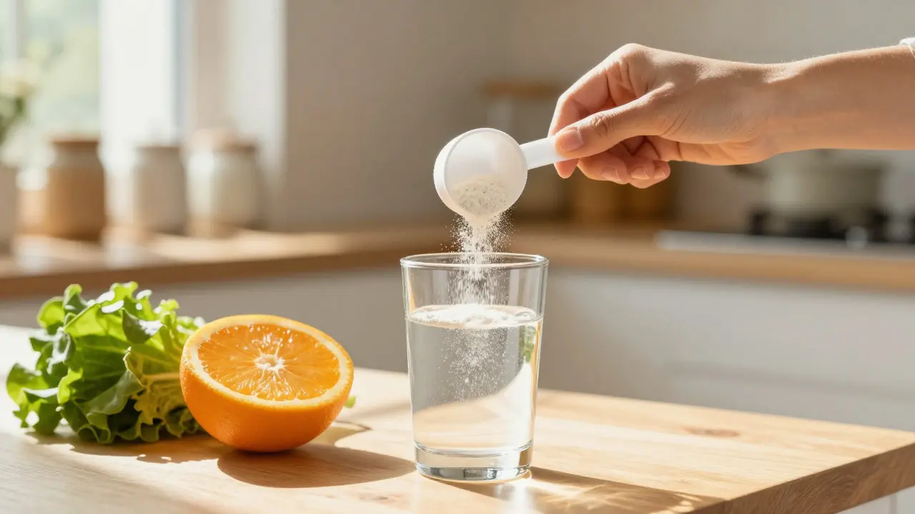 Ruha přisypává bílý prášek do sklenice vody vedle citrusového ovoce