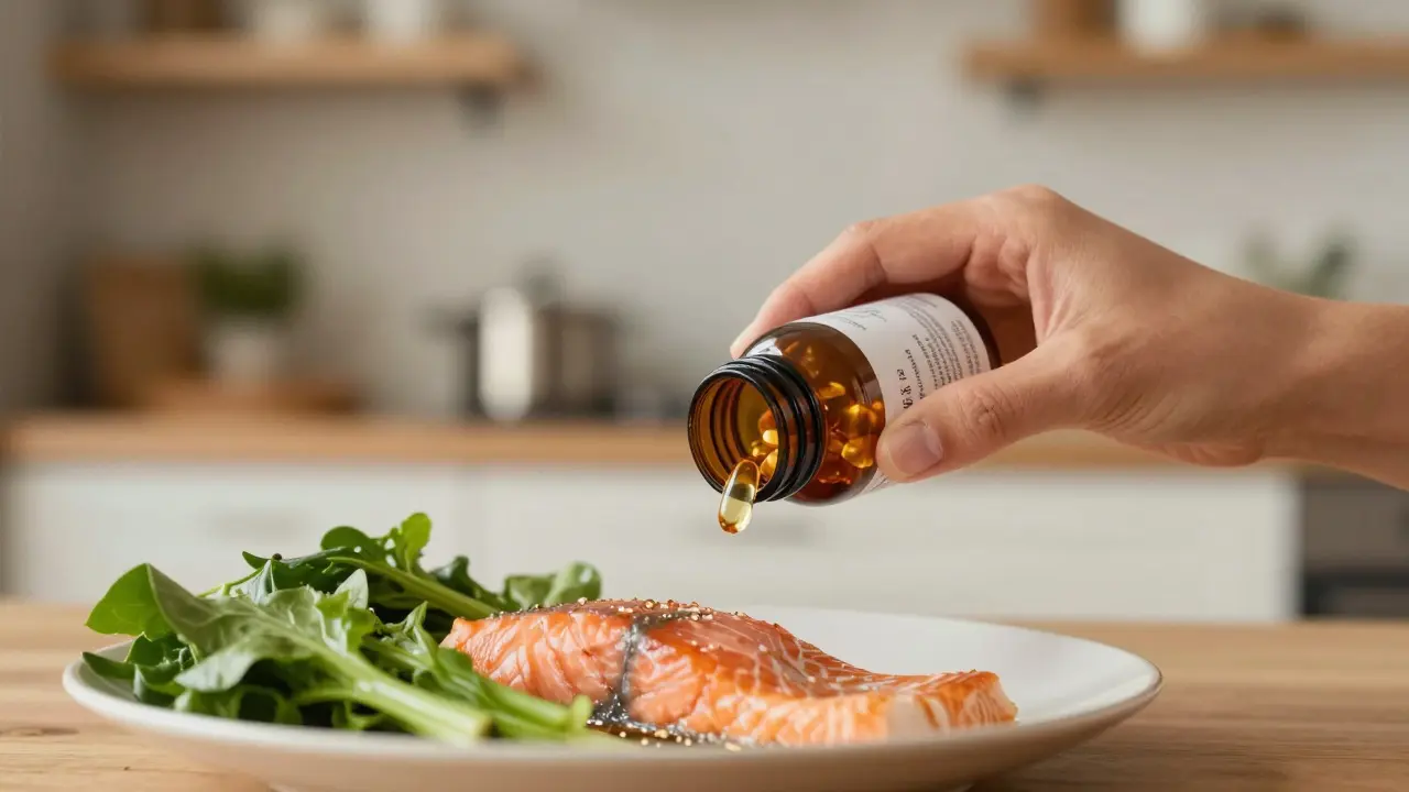 Ruka drží lahvičku s vitamíny nad talířem s rybami