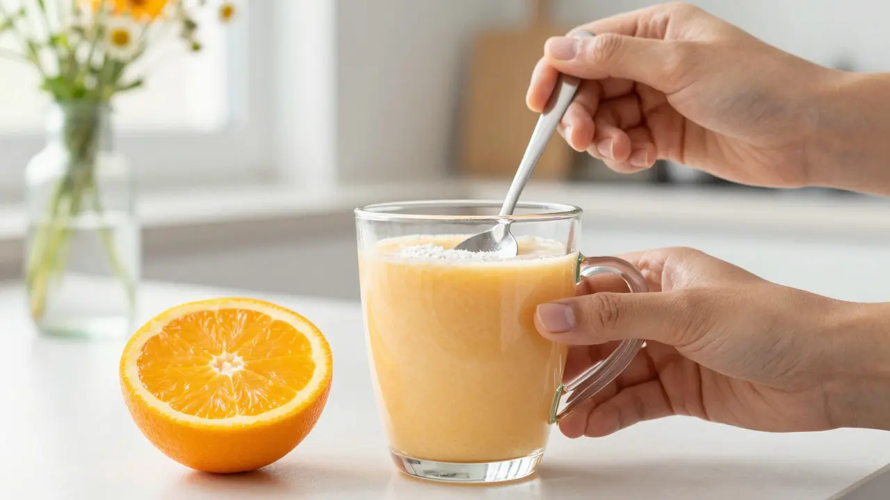 Sklenice smoothie s kolagenem a čerstvý pomeranč