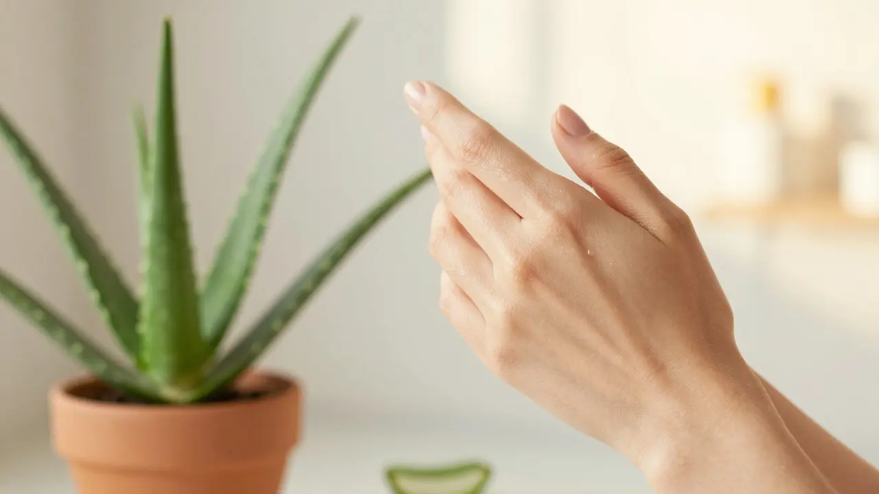 Žena si nanáží čerstvý gel z aloe vera na obličej