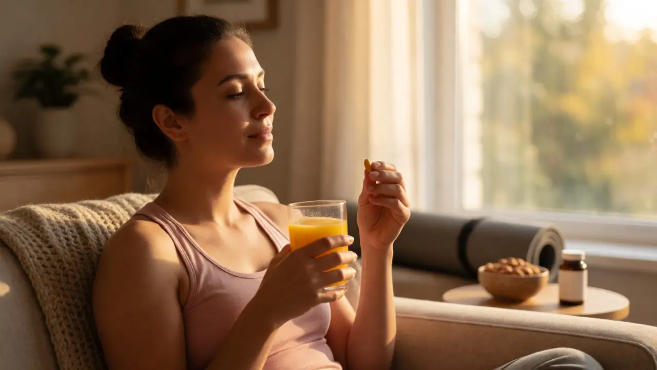 Žena užívá vitamíny s džusem v klidném prostředí