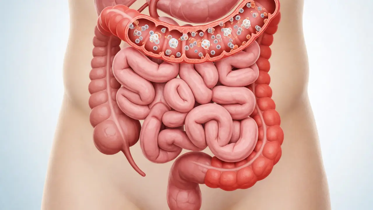 Anatomický pohled na zánět ve střevech s otokem sliznice