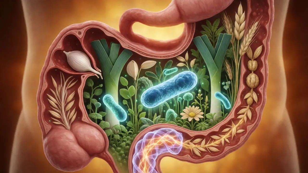Ilustrace střevního mikrobiomu s laktobacily konzumujícími prebiotická vlákna.