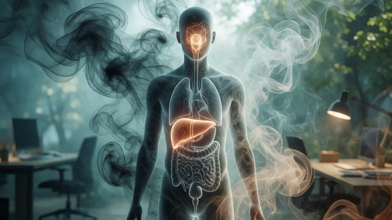 Konceptuální ilustrace toxické zátěže těla a stresových hormonů uvnitř siluety