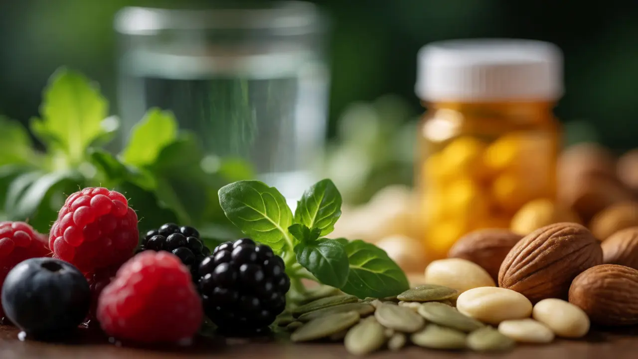 Makro fotografie bobulí, listové zeleniny a ořechů symbolizujících různé typy vitamínů.