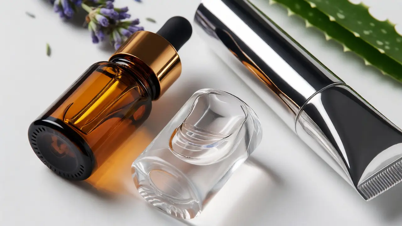 Makro fotografie láhví s kosmetikou obsahující retinol a kyselinu hyaluronovou