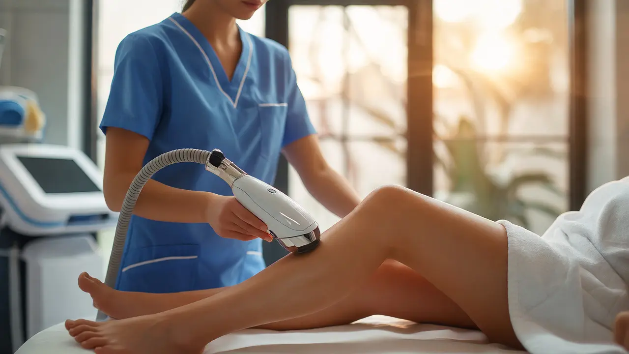 Ošetření laserovou epilací nohy v moderním kosmetickém salonu s přirozeným světlem.