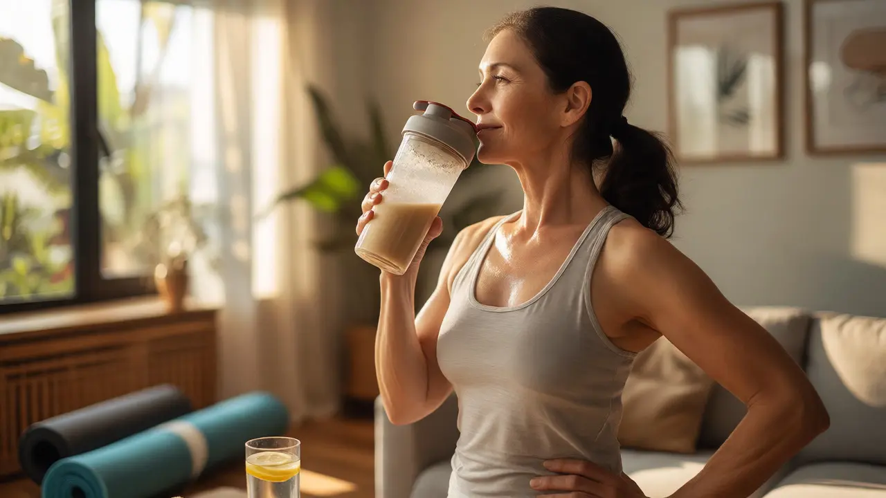 Žena středního věku pijící smoothie s kolagenem ve slunném obývacím pokoji.