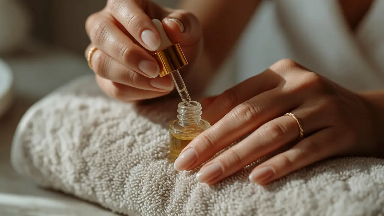 Aplikace hydratačního olejíčku na kůžičku po dokončené manikúře.