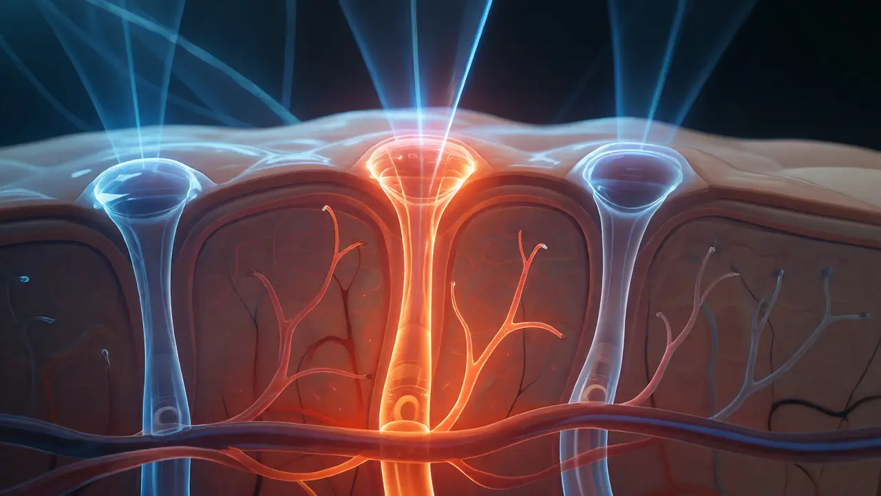 Ilustrace fází růstu vlasů v kůži se zvýrazněnou aktivní fází pro laser.